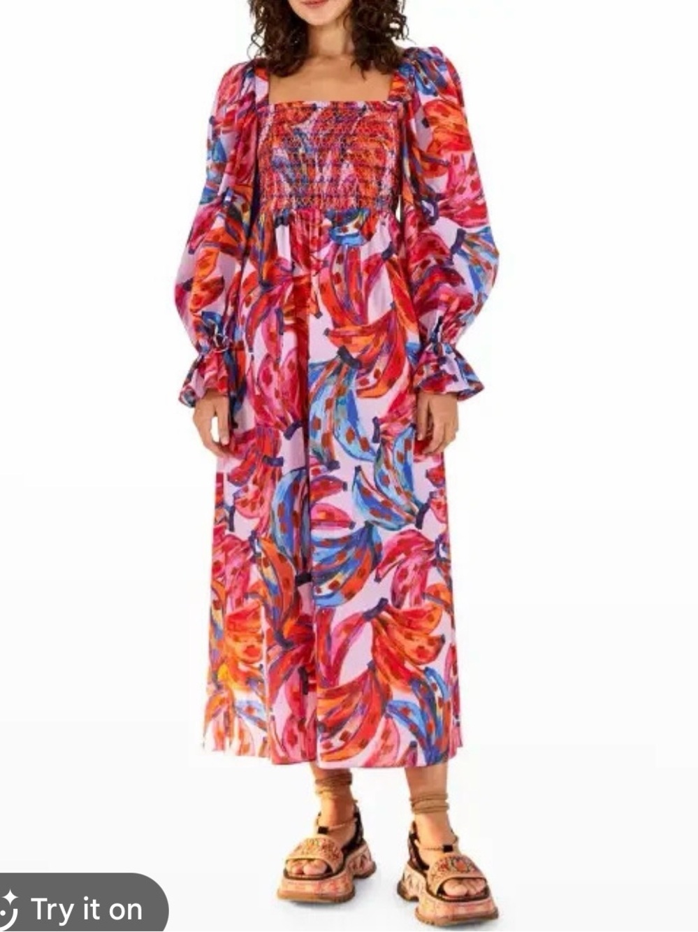 Vibrant Pink Multi-Color Smocked Midi Dress